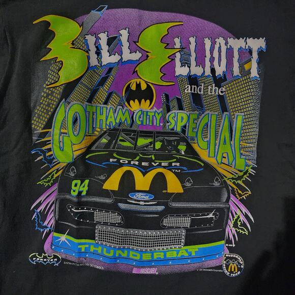 Vintage 1995 Bill Elliott Batman Forever NASCAR Tee Hunter Tag XL Made in USA - Picture 4 of 8
